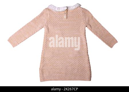 Clothes for children. A beautiful pink baby girl dress with white lace collar and long sleeves isolated on a white background. Clipping path. Kids autumn and spring fashion. Stock Photo