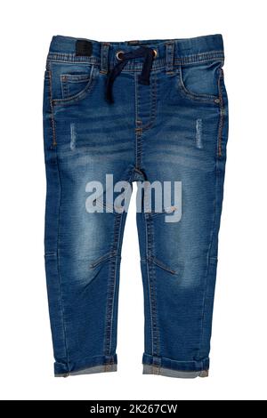 Blue jeans isolated. Closeup of a trendy stylish dark blue denim pants or trousers for boys isolated on a white background. Kids summer and autumn fashion. Front view. Stock Photo