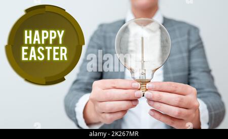 Text caption presenting Happy Easter. Business idea a celebration of the resurrection of Jesus Christ from at sunrise Lady in outfit holding lamp with two hands presenting new technology ideas Stock Photo