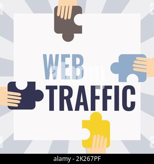 Handwriting text Web Traffic. Internet Concept amount of web users and attempted visit measured of a website Illustration Of Hands Holding Puzzle Pieces Each Sides Of Box. Stock Photo