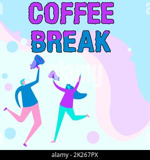 Conceptual caption Coffee Break. Word Written on short time allotted for drinking coffee without doing any work Illustration Of Partners Jumping Around Sharing Thoughts Through Megaphone. Stock Photo