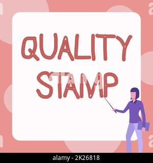 Text sign showing Quality Stamp. Internet Concept Seal of Approval Good Impression Qualified Passed Inspection Lady Standing Holding Notebook While Pointing Stick In Blank Whiteboard. Stock Photo