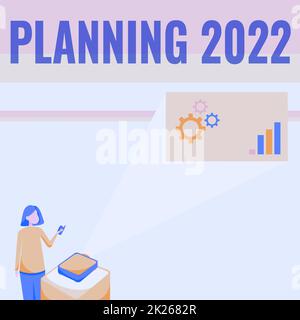 Inspiration showing sign Planning 2022. Conceptual photo Begin with end in the Mind Positioning Long term Objectives Lady Standing Holding Projector Remote Control Presenting Graph Growth. Stock Photo