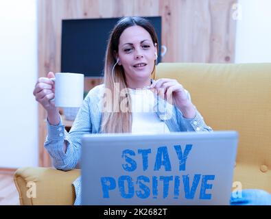 Text sign showing Stay Positive. Business idea Engage in Uplifting Thoughts Be Optimistic and Real Abstract Giving Business Advice Online, Spreading Internet Presence Stock Photo