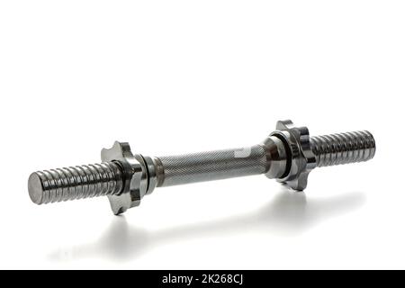 metal neck for dumbbells in disassembled form on a white isolated background Stock Photo