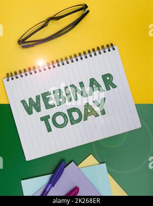 Text caption presenting Webinar Today. Internet Concept live online educational presentation on different location Flashy School Office Supplies, Teaching Learning Collections, Writing Tools Stock Photo