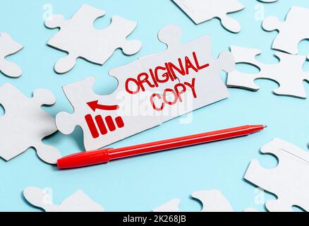 Text caption presenting Original Copy. Word Written on Main Script Unprinted Branded Patented Master List Building An Unfinished White Jigsaw Pattern Puzzle With Missing Last Piece Stock Photo