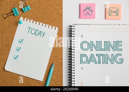 Sign displaying Online Dating. Concept meaning Searching Matching Relationships eDating Video Chatting Flashy School Office Supplies, Teaching Learning Collections, Writing Tools Stock Photo