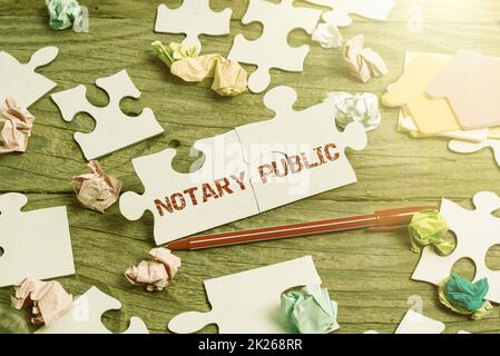 Text sign showing Notary Public. Word for Legality Documentation Authorization Certification Contract Building An Unfinished White Jigsaw Pattern Puzzle With Missing Last Piece Stock Photo