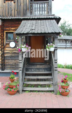 Ancient Slavonic wooden fortress in Novhorod-Siverskii. Old wooden house Stock Photo