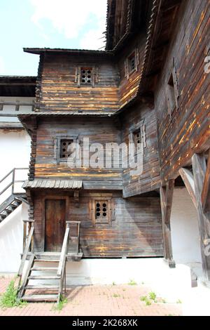 Ancient Slavonic wooden fortress in Novhorod-Siverskii. Old wooden house Stock Photo