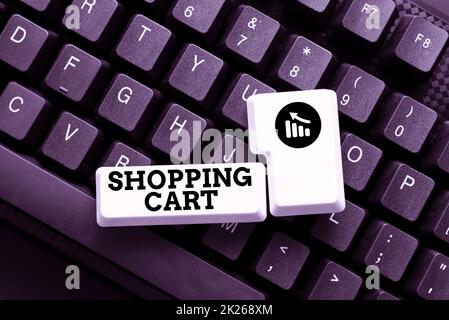 Inspiration showing sign Shopping Cart. Word for Case Trolley Carrying Groceries and Merchandise Typing And Publishing Descriptions Online, Writing Informative Data Stock Photo