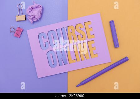 Conceptual caption Course Online. Internet Concept eLearning Electronic Education Distant Study Digital Class Flashy School Office Supplies, Teaching Learning Collections, Writing Tools Stock Photo