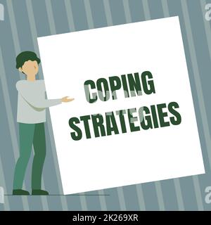 Text caption presenting Coping Strategies. Internet Concept general plan or set of plans intended to achieve something Man Standing Drawing Holding Presenting Huge Blank Paper. Stock Photo