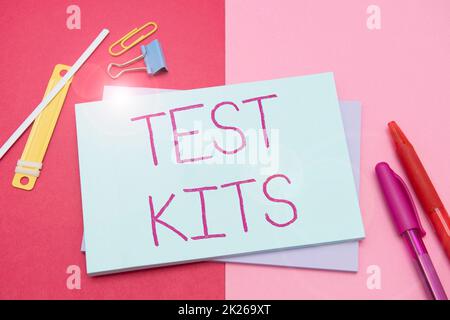 Handwriting text Test Kits. Word Written on tools used to detect the presence of something in the body Flashy School Office Supplies, Teaching Learning Collections, Writing Tools Stock Photo