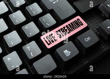 Writing displaying text Live Streaming. Internet Concept displaying audio or media content through digital devices Typing Online Class Review Notes, Abstract Retyping Subtitle Tracks Stock Photo