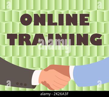 Handwriting text Online Training. Business approach certain skill is only taught and attainable on the Internet Two Men Drawing With Paper Background Shake Hands Presenting Agreement Stock Photo