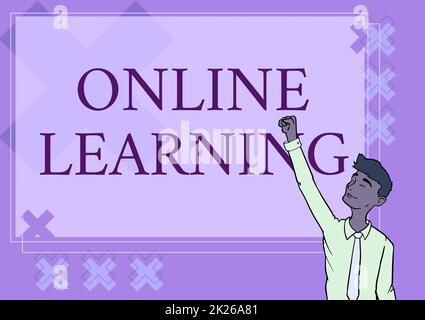 Hand writing sign Online Learning. Concept meaning taking a course that can be accessed over the Internet Happy Man Illustration Standing Infront Board Raising Hands For Sucess. Stock Photo