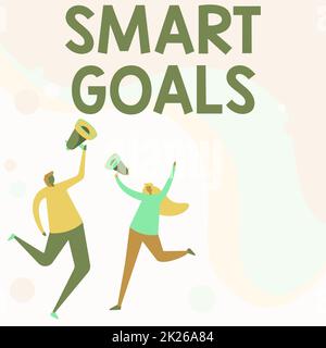 Writing displaying text Smart Goals. Concept meaning mnemonic used as a basis for setting objectives and direction Illustration Of Partners Jumping Around Sharing Thoughts Through Megaphone. Stock Photo