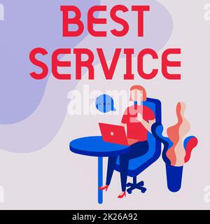 Text caption presenting Best Service. Business idea finest reviewed assistance provided by a system to its customer Woman Sitting Office Desk Using Laptop With Speech Bubble Beside Plant. Stock Photo