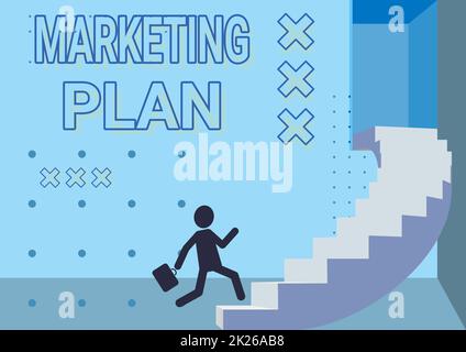 Text showing inspiration Marketing Plan. Concept meaning overall business strategy formed which they will implement Gentleman In Suit Running Upwards On A Large Stair Steps Showing Progress. Stock Photo