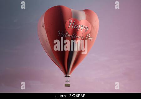 3d illustration. Happy Valentine's Day greeting card with heart shape hot air balloon Stock Photo
