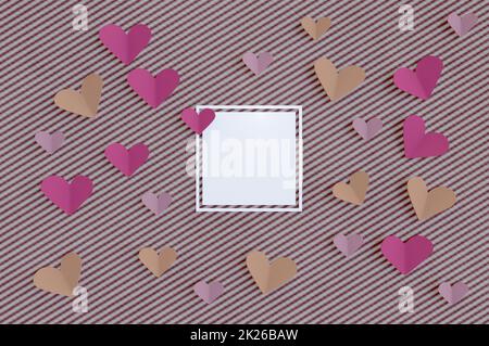 3d illustration. Heart shape paper and blank white frame . CONCEPT Happy Valentine's Day. for design, greeting card, banner. Stock Photo