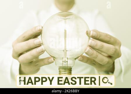 Sign displaying Happy Easter. Concept meaning Christian feast commemorating the resurrection of Jesus Lady in outfit holding lamp with two hands presenting new technology ideas Stock Photo