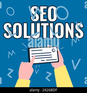 Text showing inspiration Seo Solutions. Word Written on Search Engine Result Page Increase Visitors by Rankings Illustration Of Hand Holding Important Identification Card Pointing It. Stock Photo