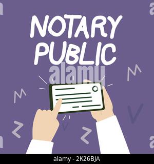 Text sign showing Notary Public. Business idea Legality Documentation Authorization Certification Contract Illustration Of Hand Holding Important Identification Card Pointing It. Stock Photo