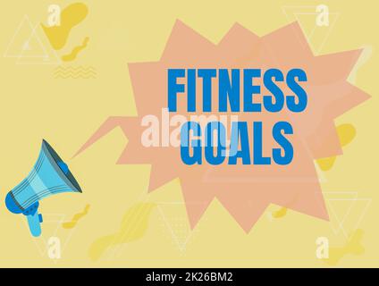 Writing displaying text Fitness Goals. Business idea Loose fat Build muscle Getting stronger Conditioning Megaphone Drawing With Conversation Bubble Showing New Announcement. Stock Photo