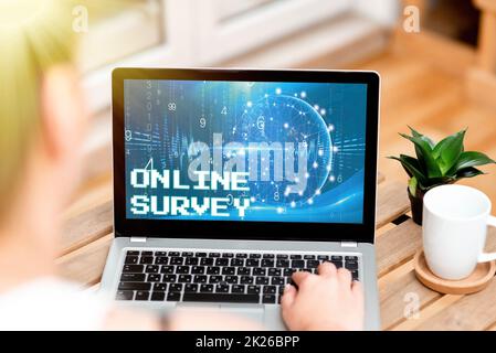 Handwriting text Online Survey. Business concept Reappraisal Feedback Poll Satisfaction Rate Testimony Woman Typing On Laptop Beside Coffe Mug And Plant Working From Home. Stock Photo