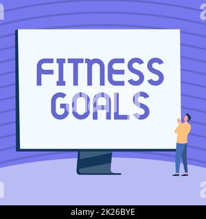 Handwriting text Fitness Goals. Business idea Loose fat Build muscle Getting stronger Conditioning Man Standing Drawing Looking At Large Monitor Display Showing News. Stock Photo