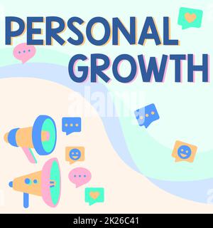 Conceptual caption Personal Growth. Word for a longterm process which shows the development of a human Pair Of Megaphone Drawing Making Announcement In Chat Cloud. Stock Photo