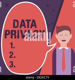 Hand writing sign Data Privacy. Word Written on internet security and digital protection of website or landing homepage Illustration Of Businessman Presenting Ideas To Empty Chat Cloud. Stock Photo