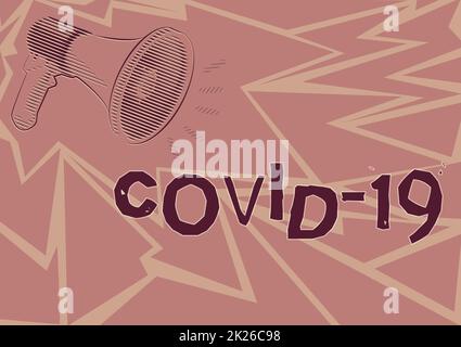 Hand writing sign Covid19. Business showcase mild to severe respiratory illness that is caused by a coronavirus Illustration Of A Loud Megaphones Speaker Making New Announcements. Stock Photo