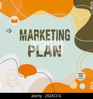 Conceptual display Marketing Plan. Word for overall business strategy formed which they will implement Illustration Couple Speaking In Chat Cloud Exchanging Messages. Stock Photo