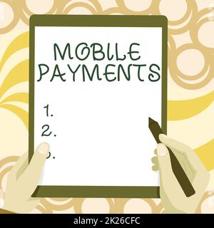 Text caption presenting Mobile Payments. Internet Concept financial transaction processed through a smartphone Drawing Of Both Hands Holding Tablet Lightly Presenting Wonderful Ideas Stock Photo