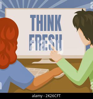 Text caption presenting Think Fresh. Word Written on a new perspective of thinking when producing ideas and concepts Couple Drawing Using Desktop Computer Accomplishing Their Work. Stock Photo