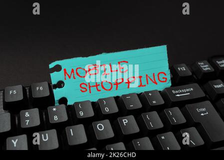 Sign displaying Mobile Shopping. Business showcase to purchase merchandise conducted using a cellphone Abstract Typing New Business Slogan Message, Writing Market Strategies Stock Photo