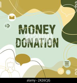 Conceptual display Money Donation. Internet Concept a charity aid in a form of cash offered to an association Illustration Couple Speaking In Chat Cloud Exchanging Messages. Stock Photo
