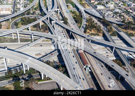 Century Harbor Freeway intersection junction Highway roads traffic America city aerial view photo in Los Angeles Stock Photo