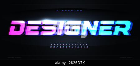 Electronic glow color letters with cyber distortion effect. Bright light font for futuristic tech design. Glitch style alphabet design for music and sport logo, neon gambling headline, hud text Stock Photo