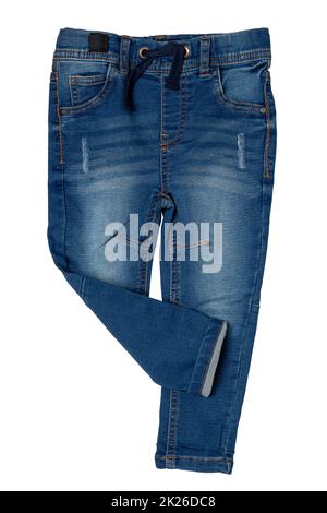 Blue jeans isolated. Closeup of a trendy stylish dark blue denim pants or trousers for boys isolated on a white background. Kids summer and autumn fashion. Front view. Stock Photo