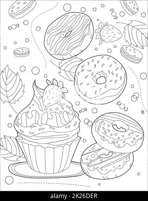 Big Cupcake With Filling Donuts Covered With Frost Line Drawing Coloring Book idea Stock Photo