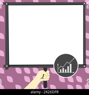 Hand Holding Panel Board Displaying Latest Successful Financial Growth Strategies. Palm Carrying Backdrop Screen Presenting Newest Finance Advancement Plans. Stock Photo