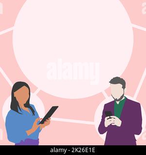 Illustration Of Partners Busy Using Smartphones Searching For New Wonderful Ideas. Couple Actively Working On Digital Telephone Drawing Finding Old Amazing Plans. Stock Photo