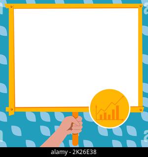 Hand Holding Panel Board Displaying Latest Successful Financial Growth Strategies. Palm Carrying Backdrop Screen Presenting Newest Finance Advancement Plans. Stock Photo