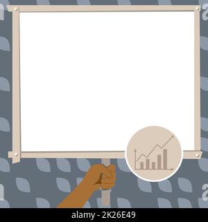 Hand Holding Panel Board Displaying Latest Successful Financial Growth Strategies. Palm Carrying Backdrop Screen Presenting Newest Finance Advancement Plans. Stock Photo