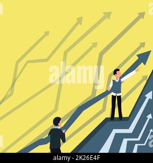 Arrows Guiding Two Collaborating Businessmen Towards Better Financial Plan. Colleagues Working Together Predicting Positive Marketplace Achievement. Stock Photo